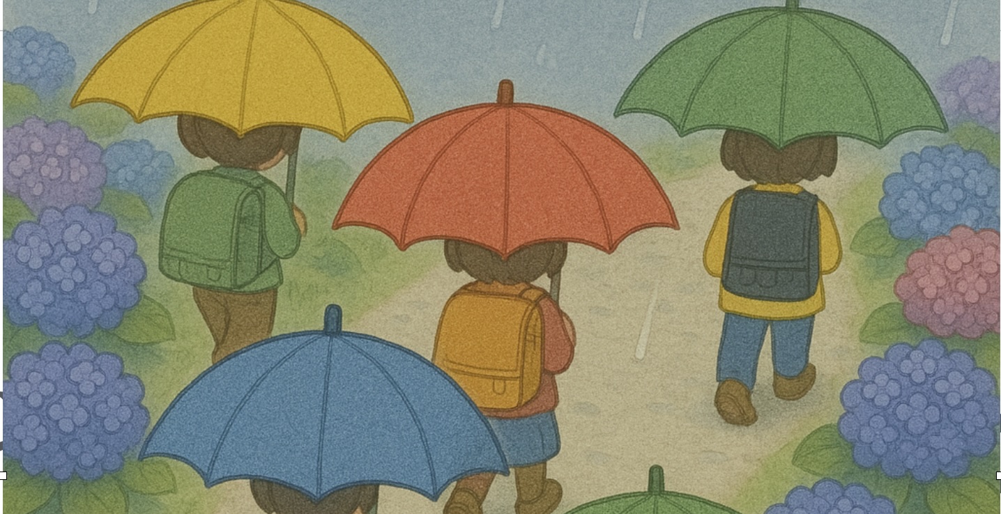 梅雨空と傘、心臓のイラスト